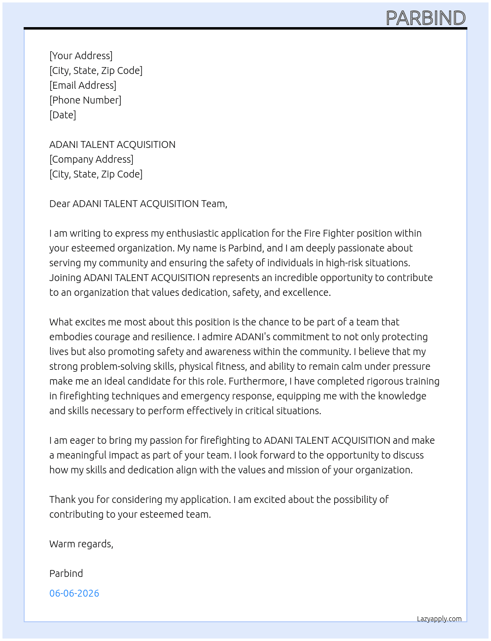 Fire fighter At ADANI TAIENT ACQUISITION  Cover Letter