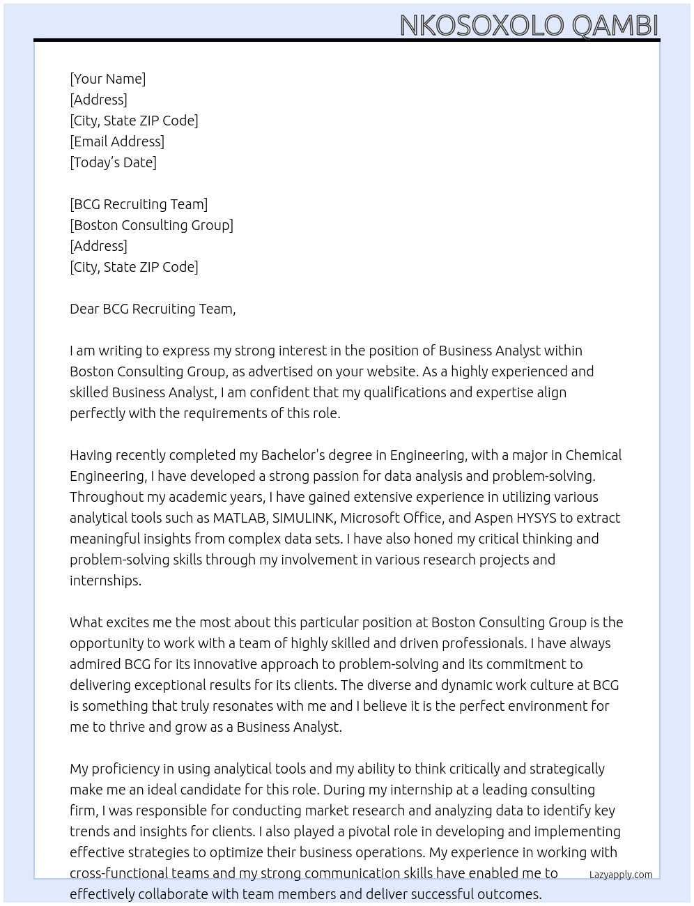 Business Analyst At Boston Consulting Group Cover Letter