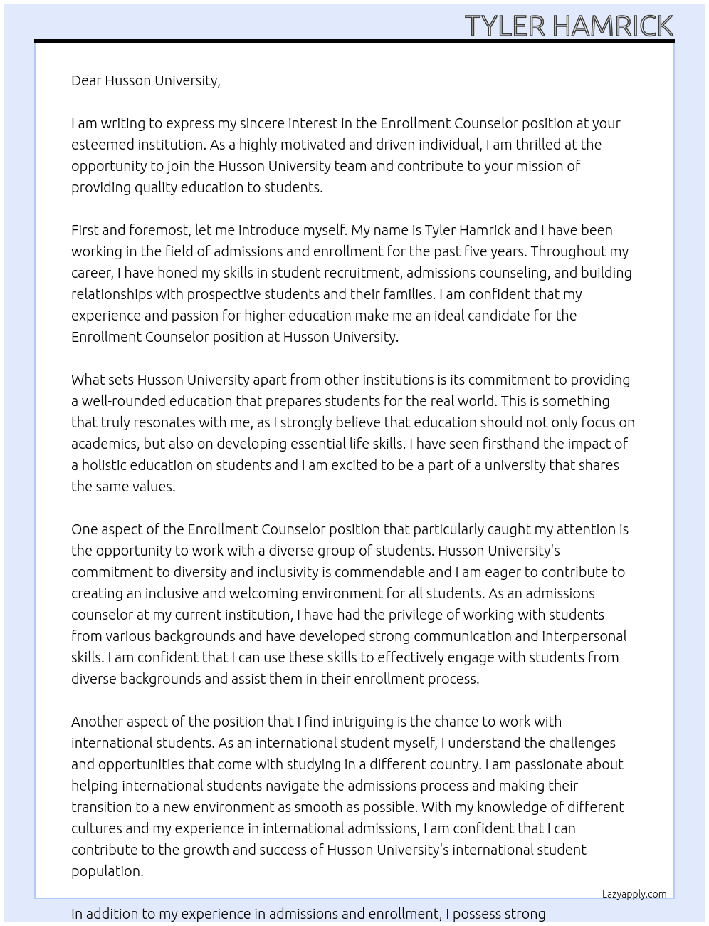 Enrollment Counselor At Husson University Cover Letter