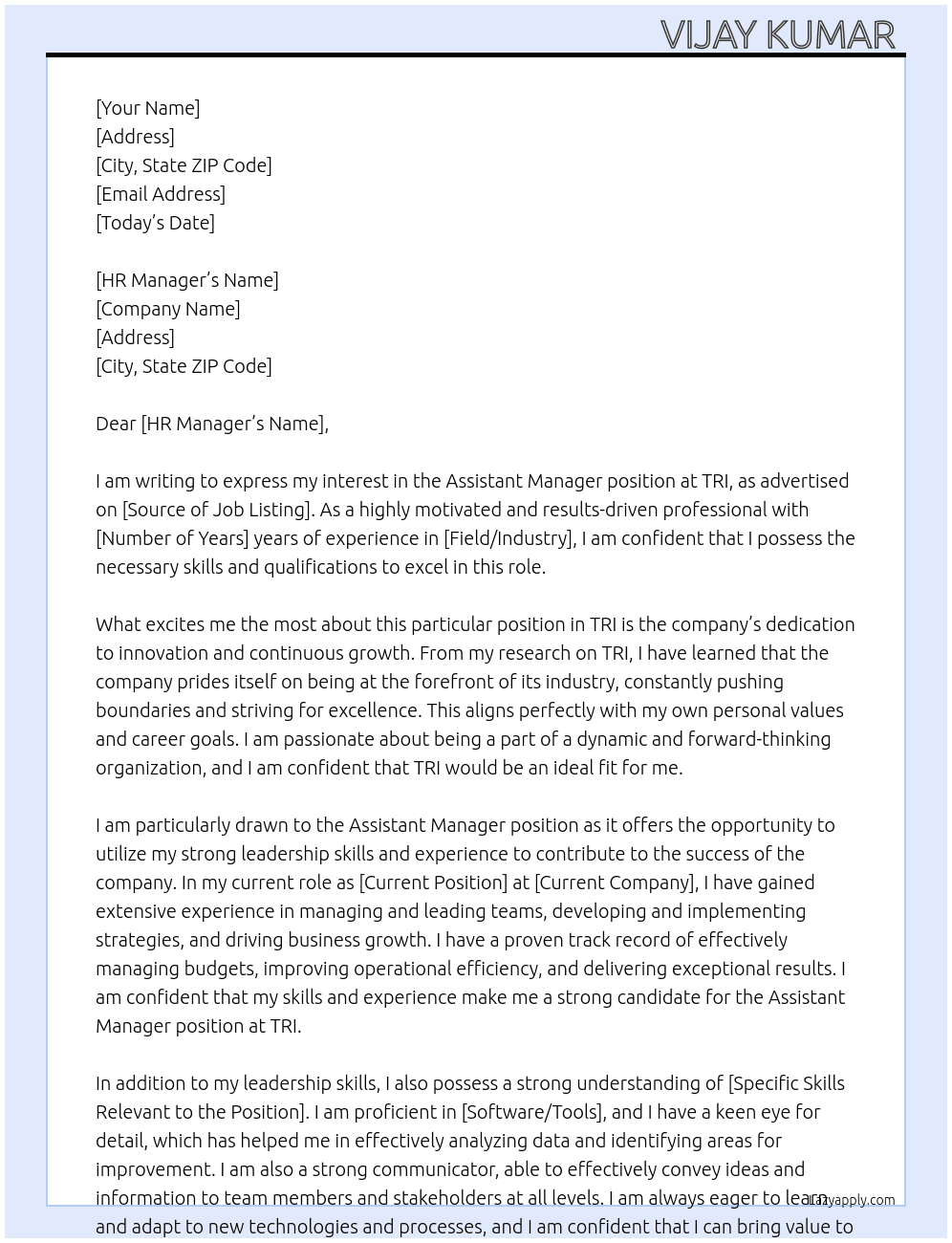 Assistant manager  At TRI Cover Letter