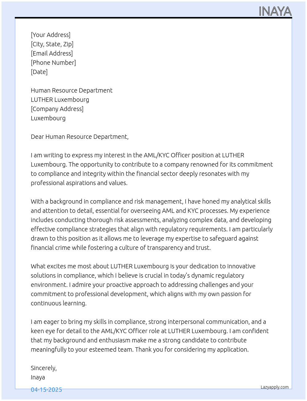 AML/KYC Officer At LUTHER Luxembourg Cover Letter