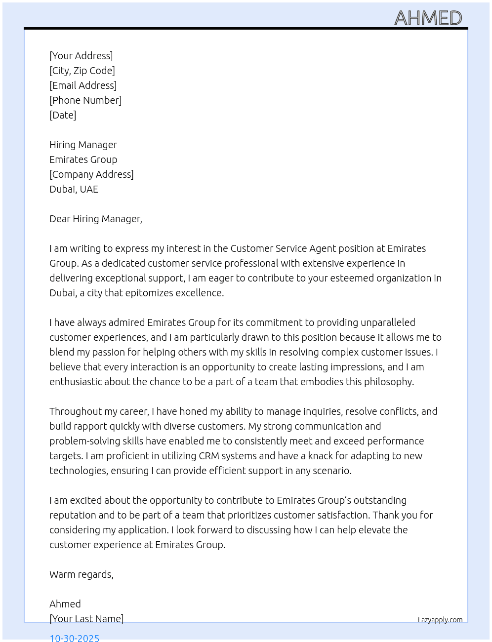 Customer service agent  At Emirates group Cover Letter
