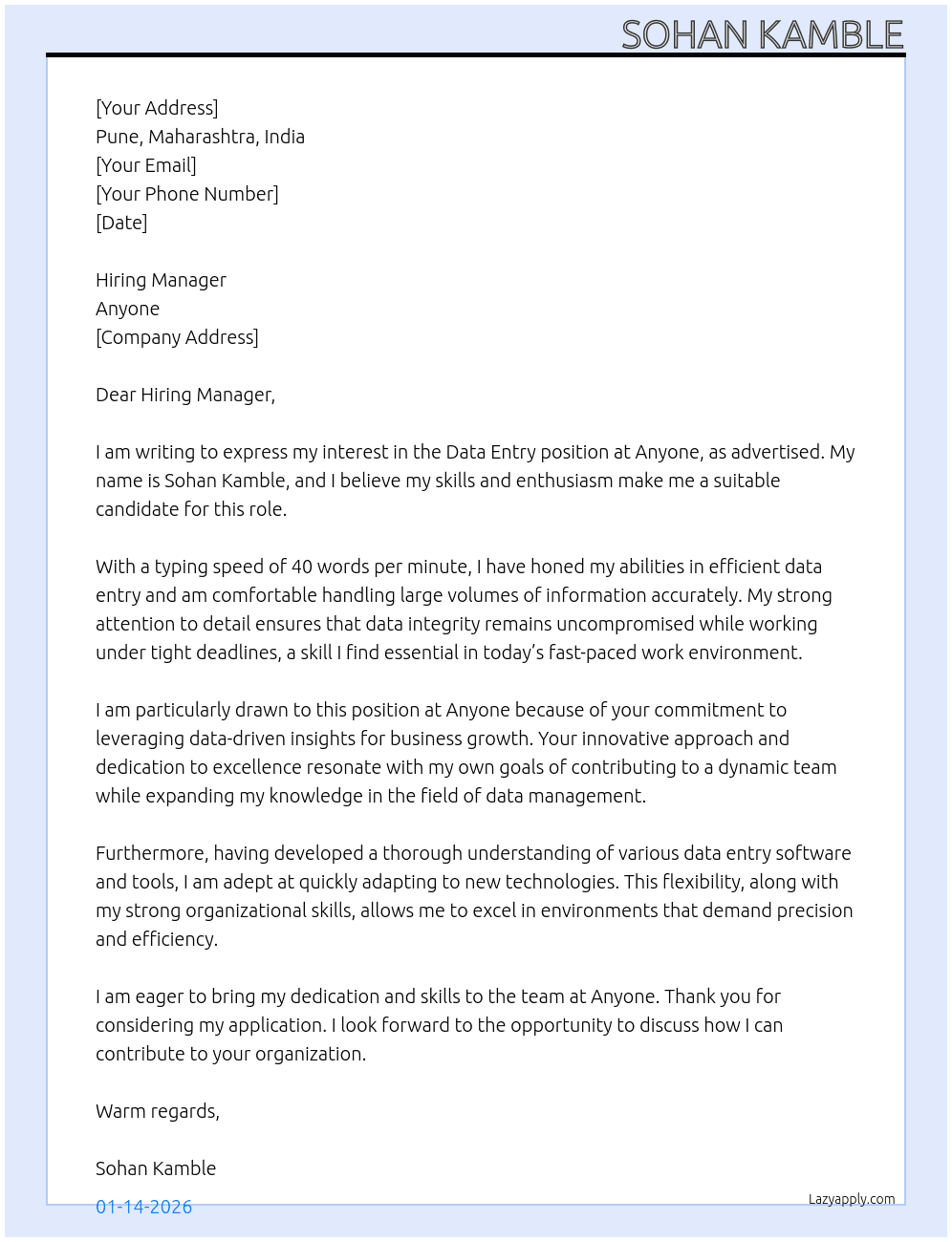 Data entry At Anyone Cover Letter