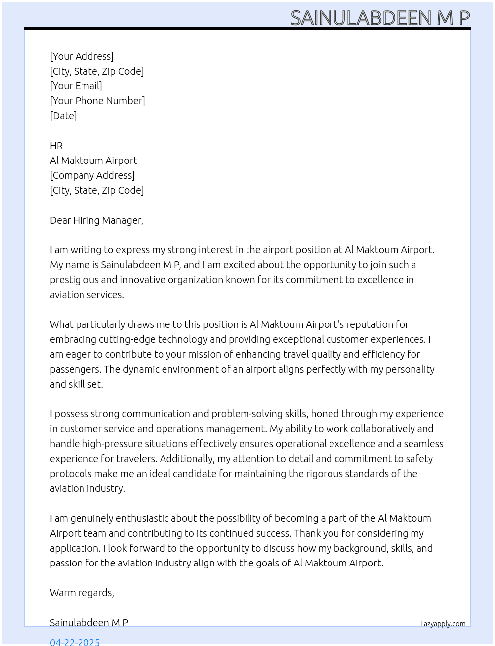 Airport job At AL MAKTOUM AIRPORT Cover Letter