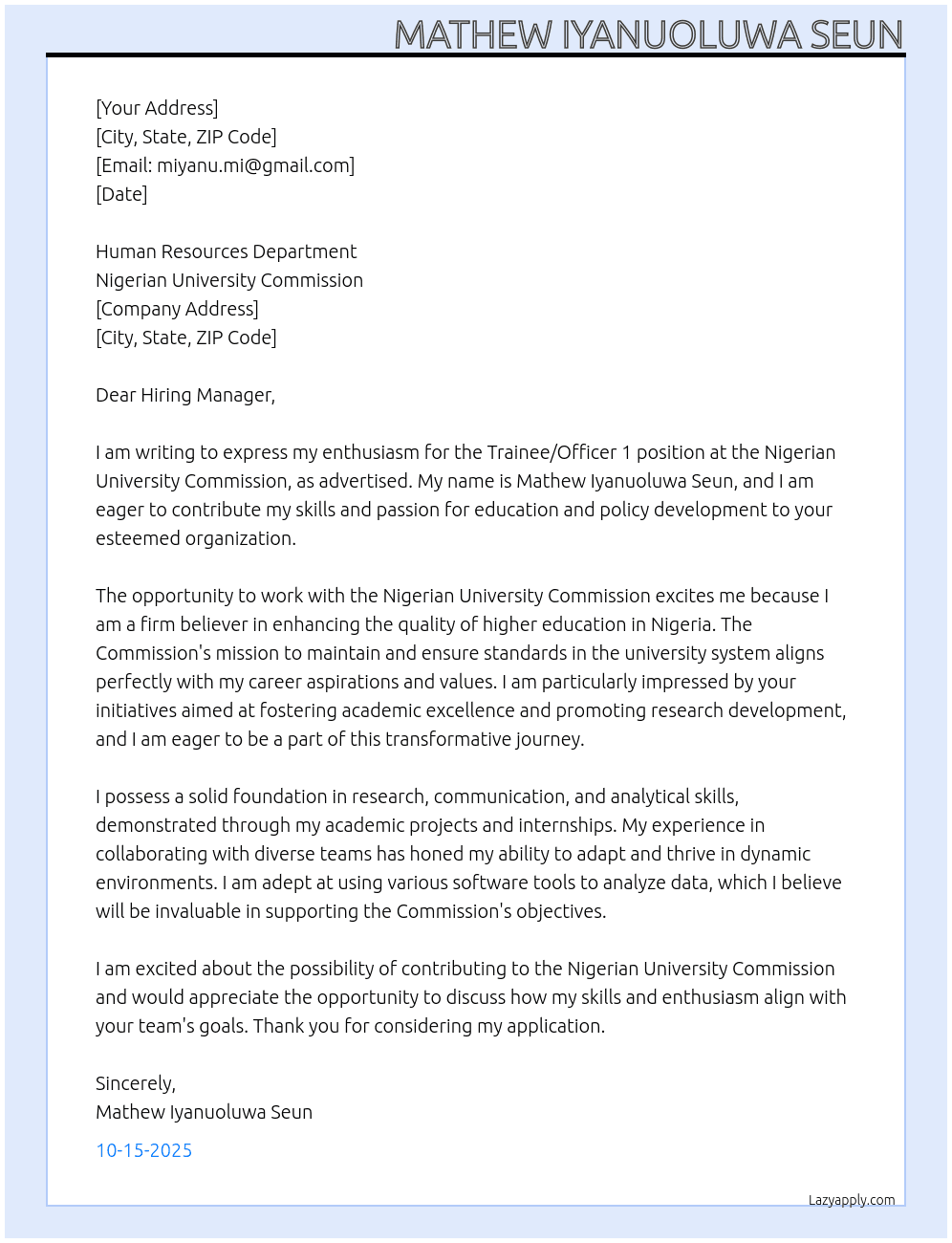 Trainee/Officer 1 At Nigerian University Commission Cover Letter