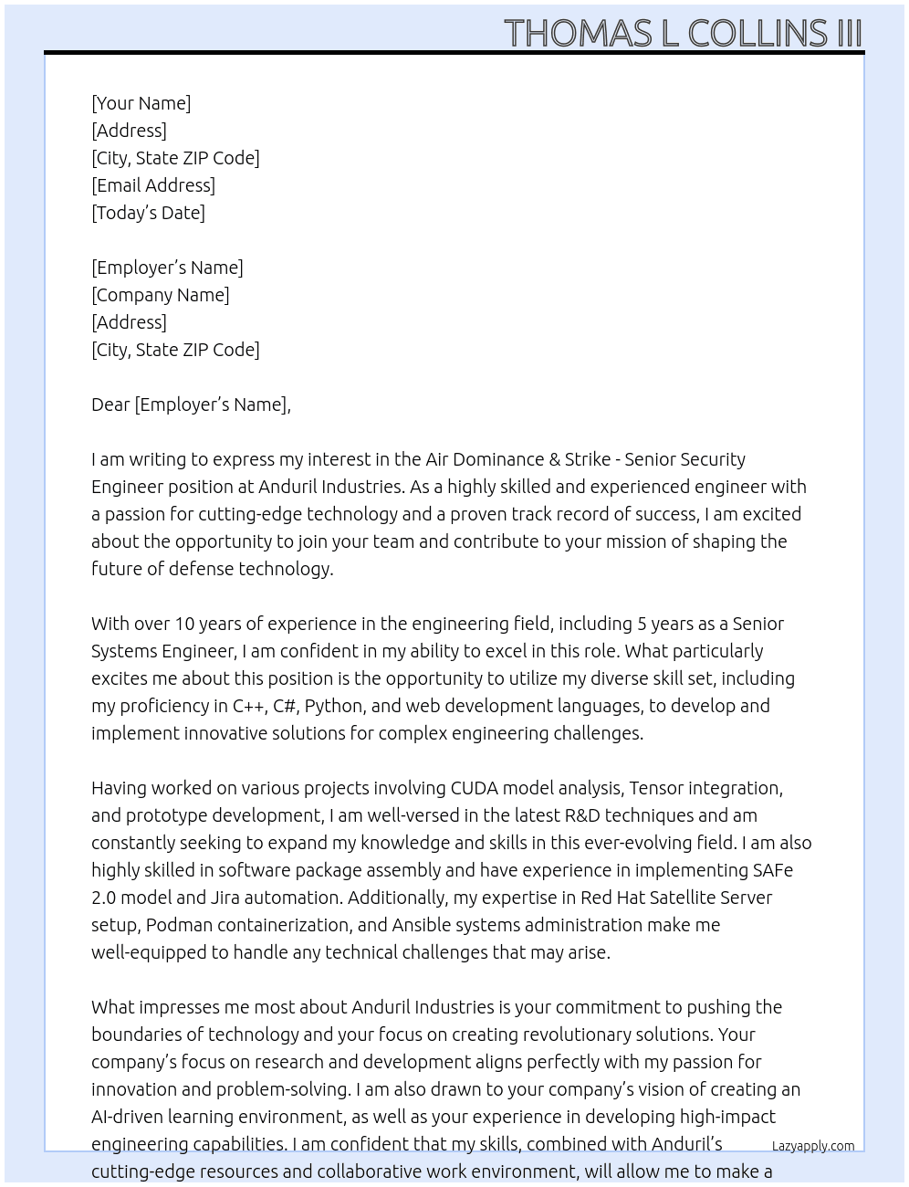 Air Dominance & Strike - Senior Security Engineer At Anduril Industries Cover Letter