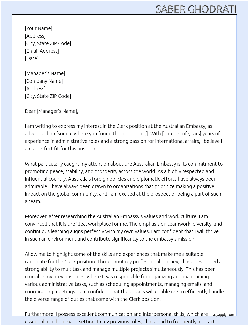 Clerk At Australian Embassy Cover Letter
