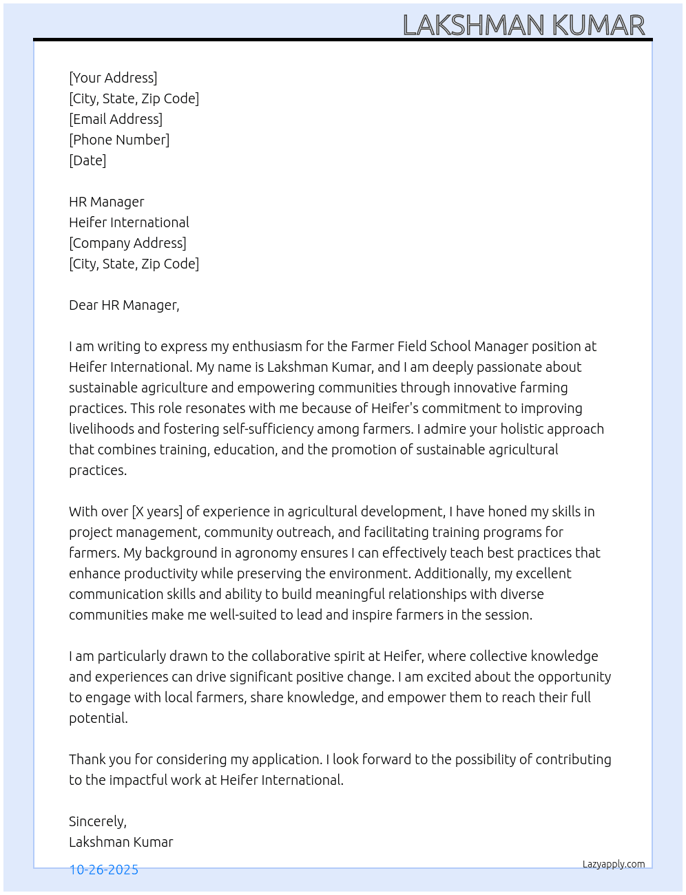 Farmer field school manager At HEIFER international  Cover Letter