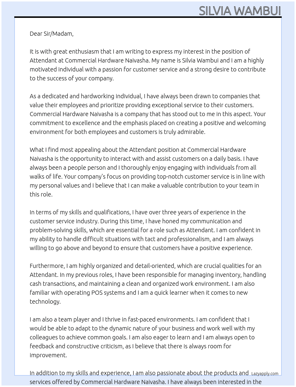 Attendant  At Commercial Hardware Naivasha  Cover Letter
