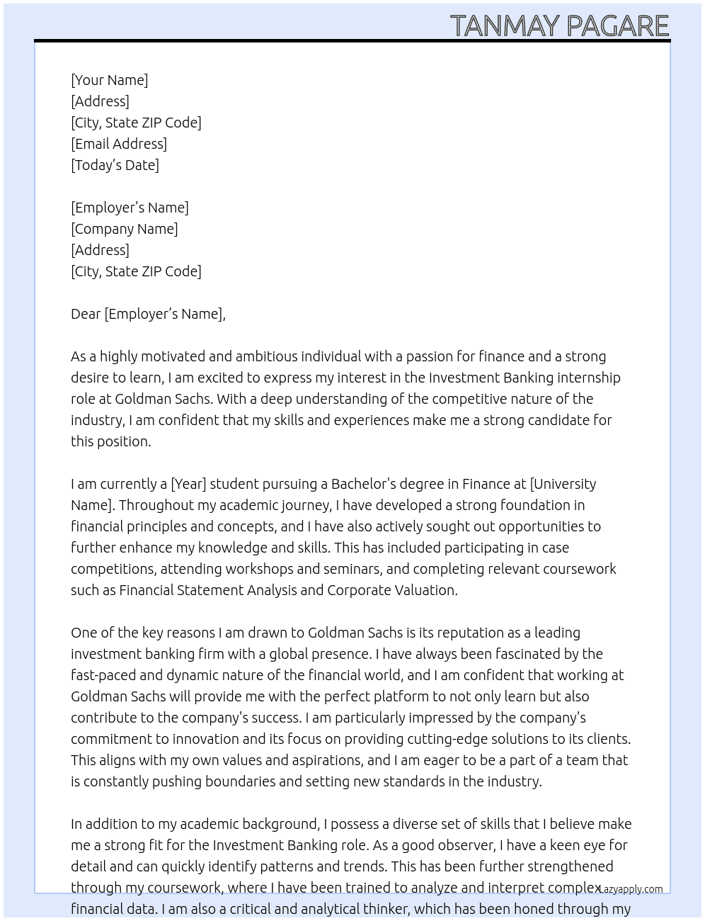 Investment Banking  At Goldman Sachs  Cover Letter