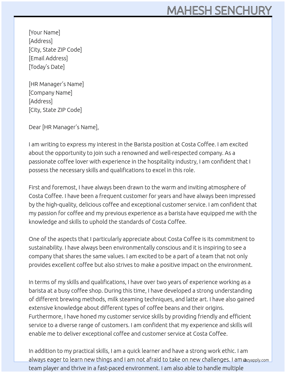 barista At costa coffee Cover Letter