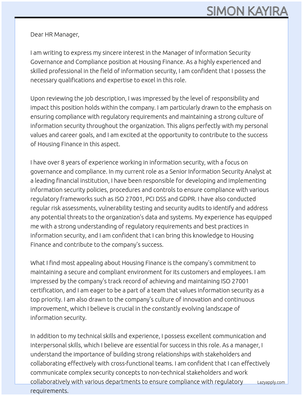 Manager information security governance and compliance  At Housing finance  Cover Letter