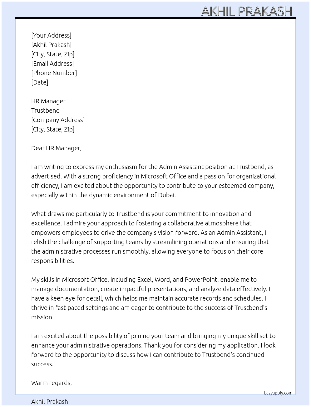 Admin Assistant At Trustbend Cover Letter
