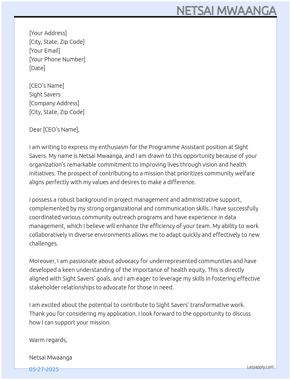 programme assistant At sight savers Cover Letter