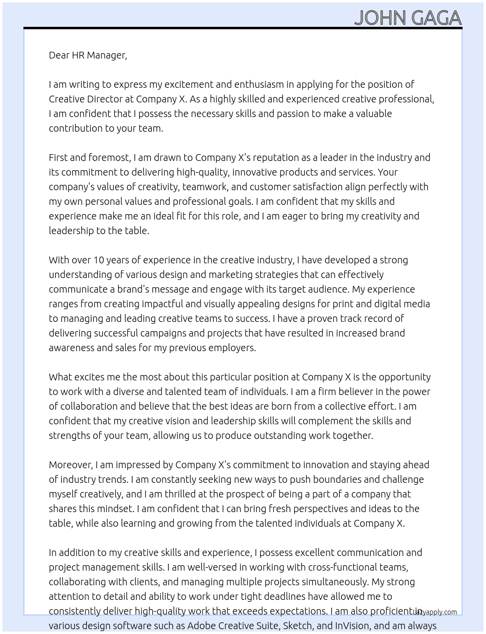 Creative Director At Company X Cover Letter