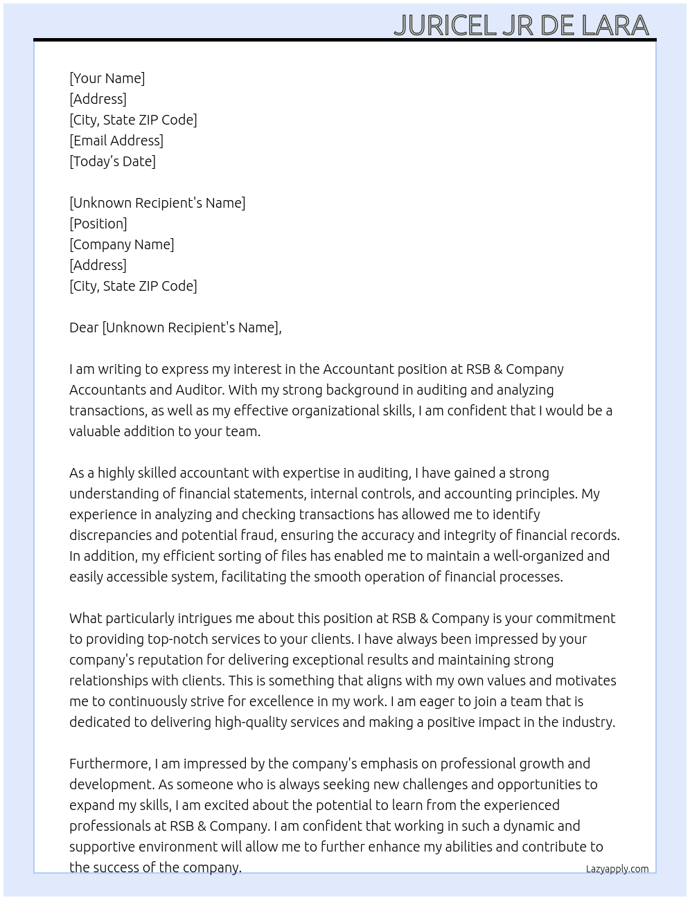 Accountant  At RSB & Company Accountants and Auditor Cover Letter