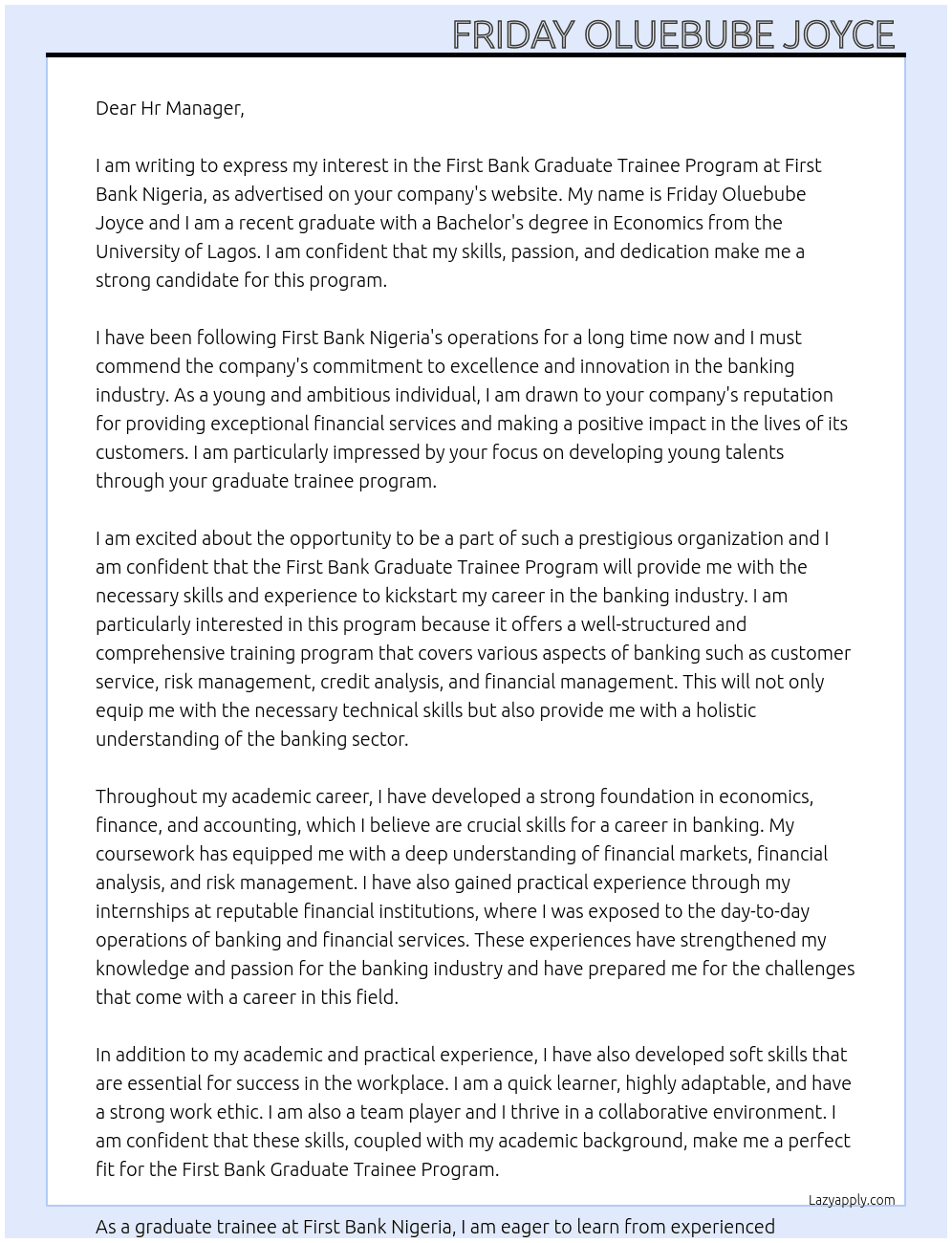 First bank Graduate trainee program  At First Bank Nigeria  Cover Letter