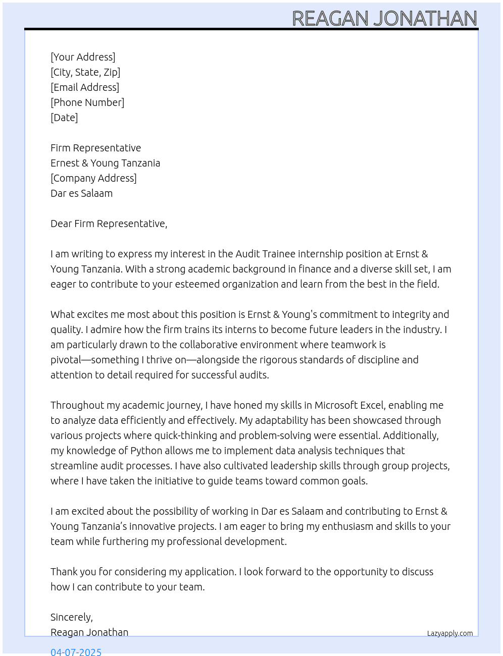 Audit Trainee  At Ernest & Young Tanzania Cover Letter