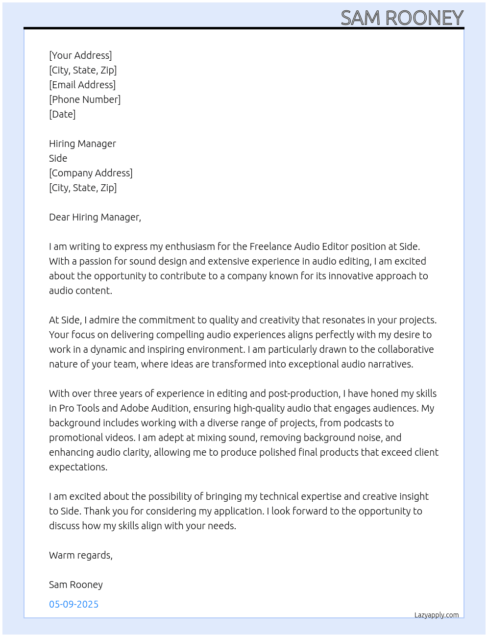 Freelance audio editor At Side Cover Letter