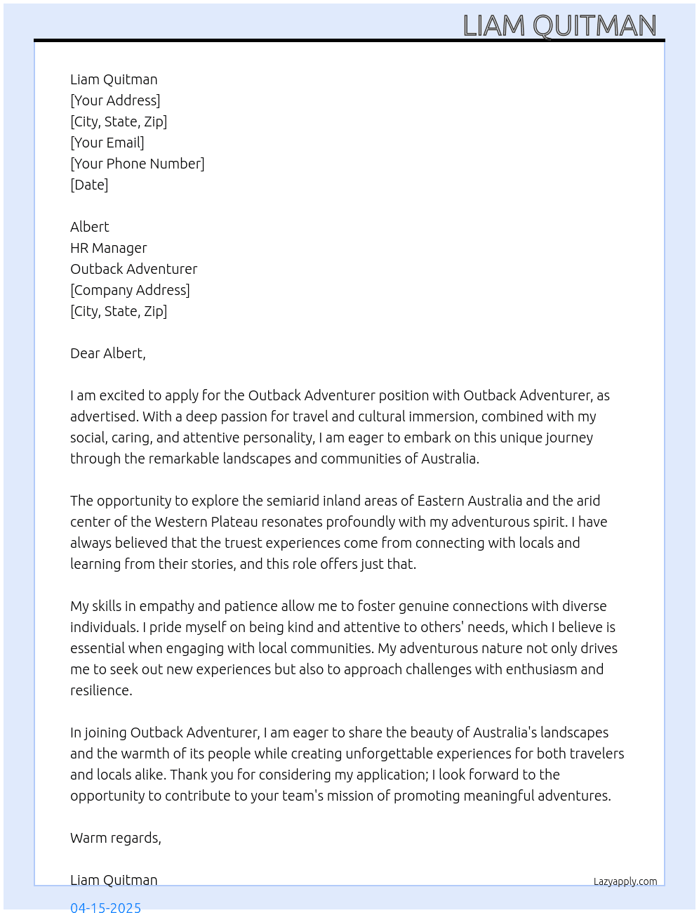 Outback Adventuer At Outback adventurer  Cover Letter