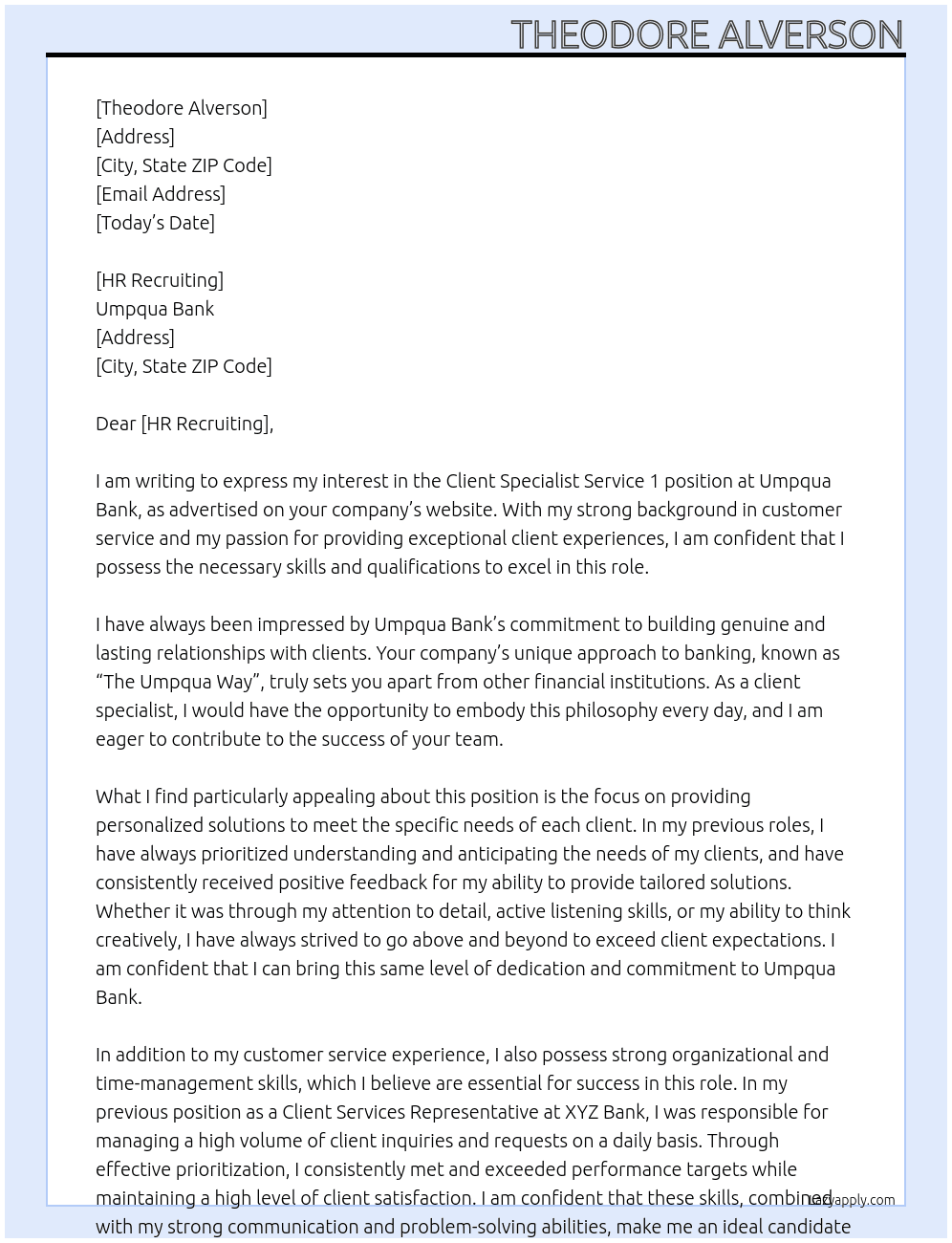 client specialist service 1  At Umpqua Bank  Cover Letter