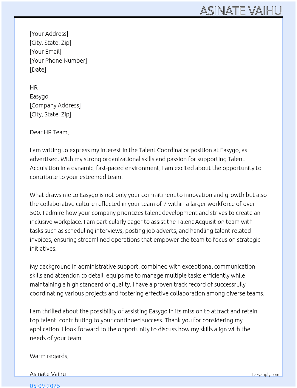 Talent Coordinator At Easygo Cover Letter