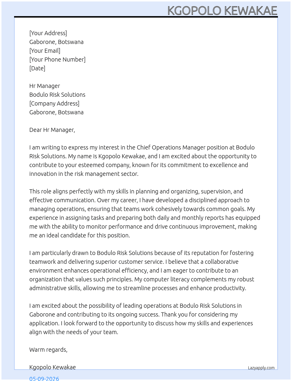 Chief Operations Manager At Bodulo Risk Solutions Cover Letter
