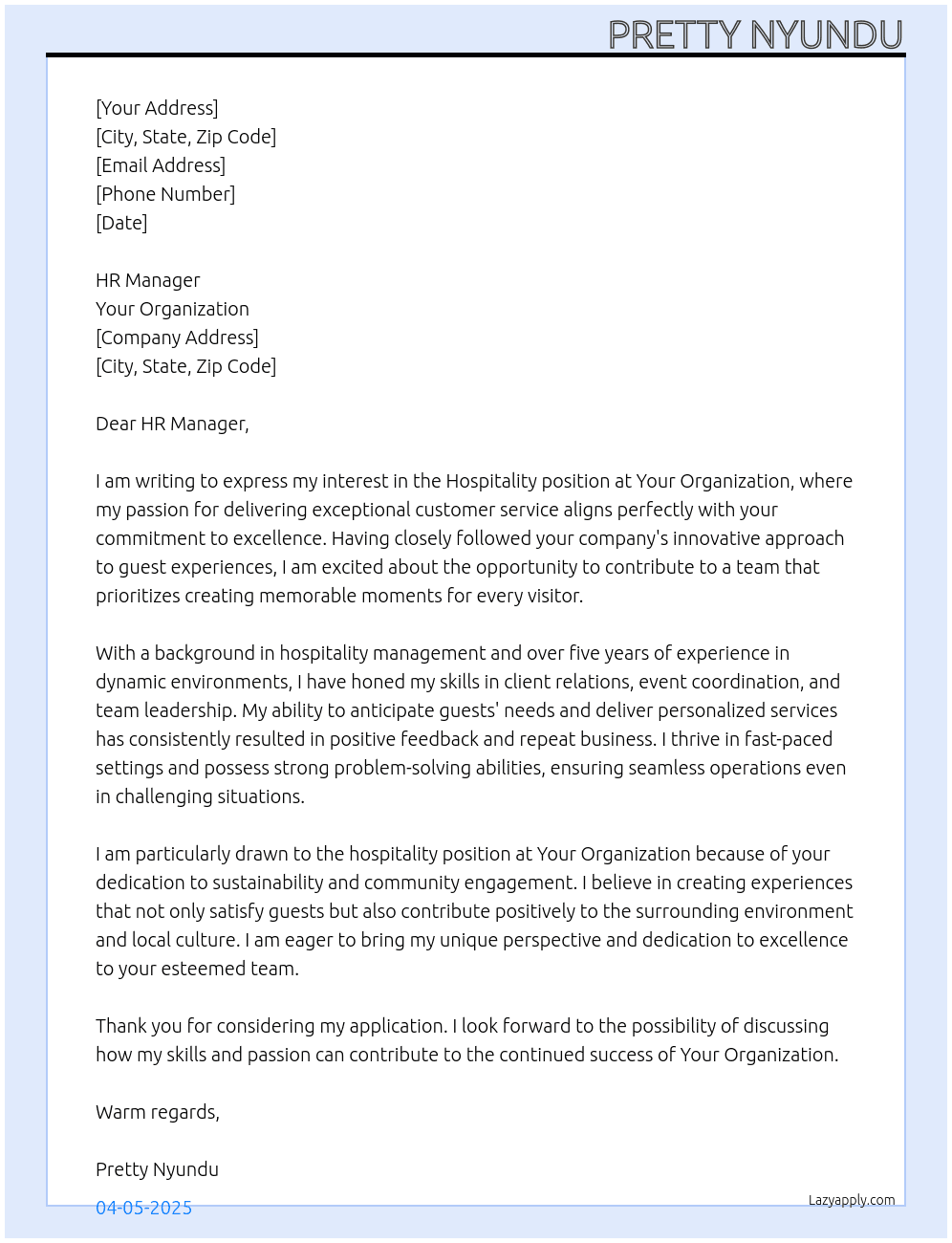 Hospitality  At your organization Cover Letter