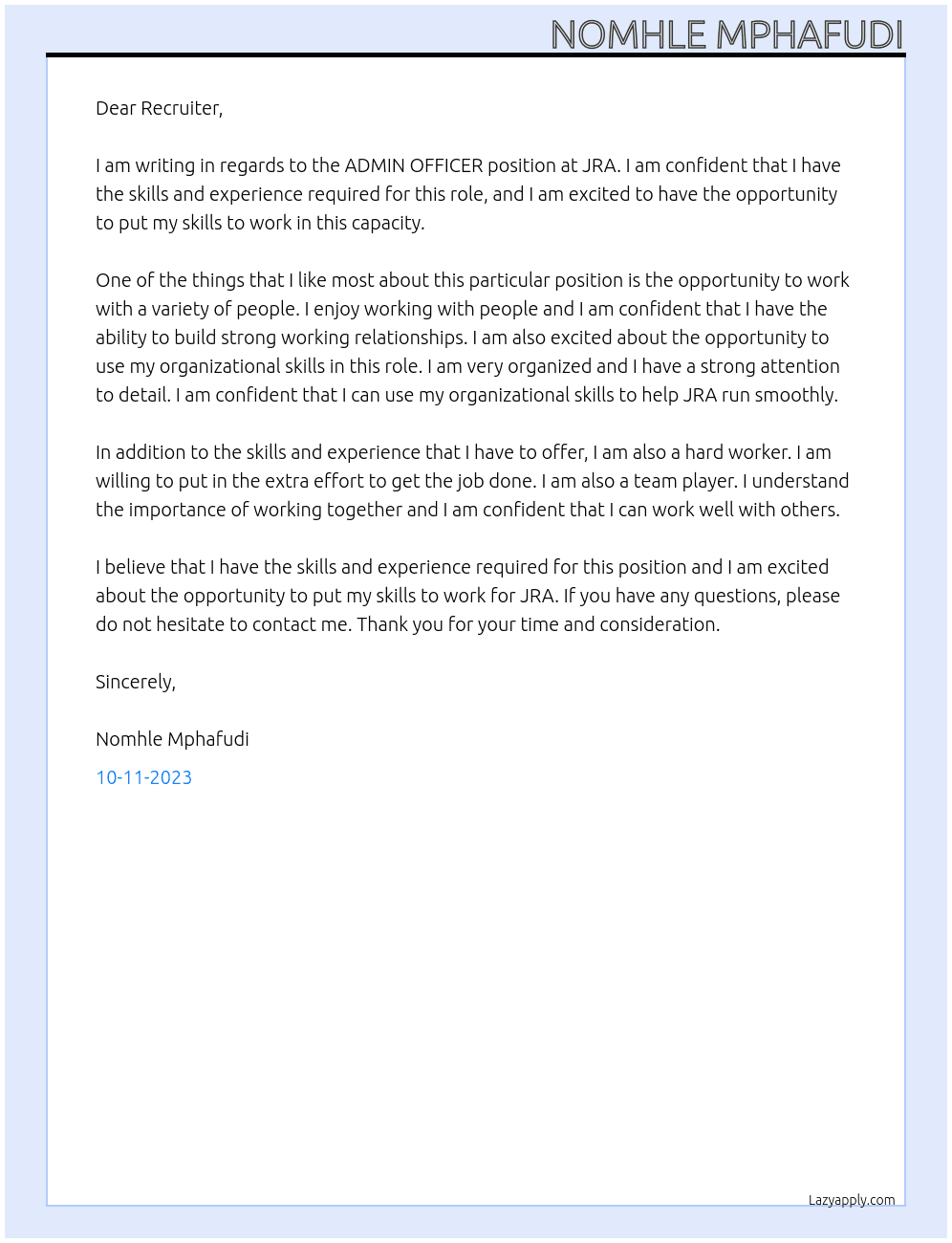 ADMIN OFFICER At JRA Cover Letter