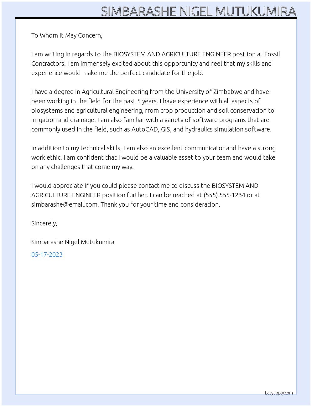BIOSYSTEM AND AGRICLUTURE ENGINNER At Fossil Contractors Cover Letter