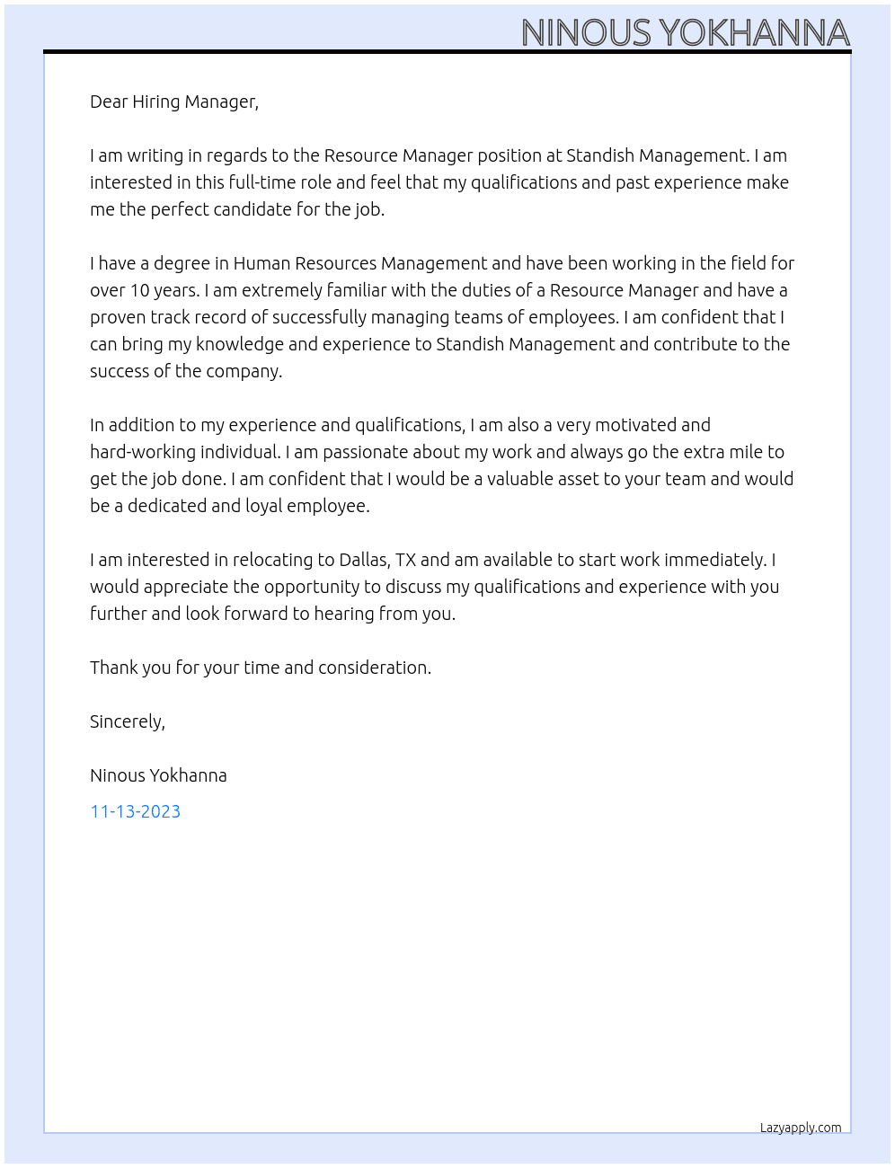 Resource Manager At Standish Management Cover Letter