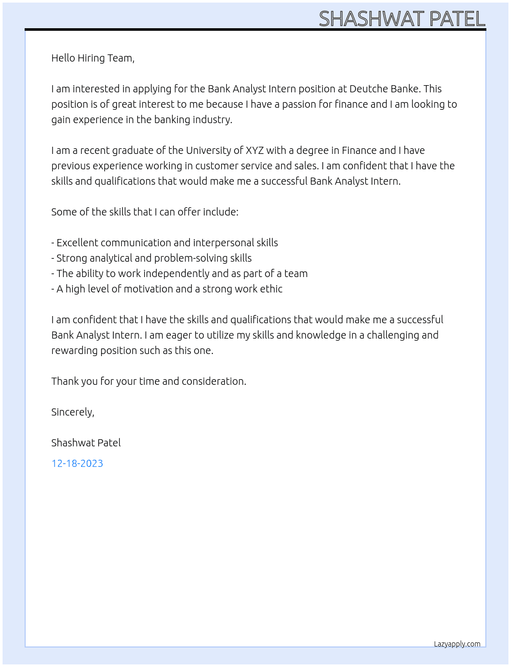 Bank Analyst Intern At Deutche Banke Cover Letter
