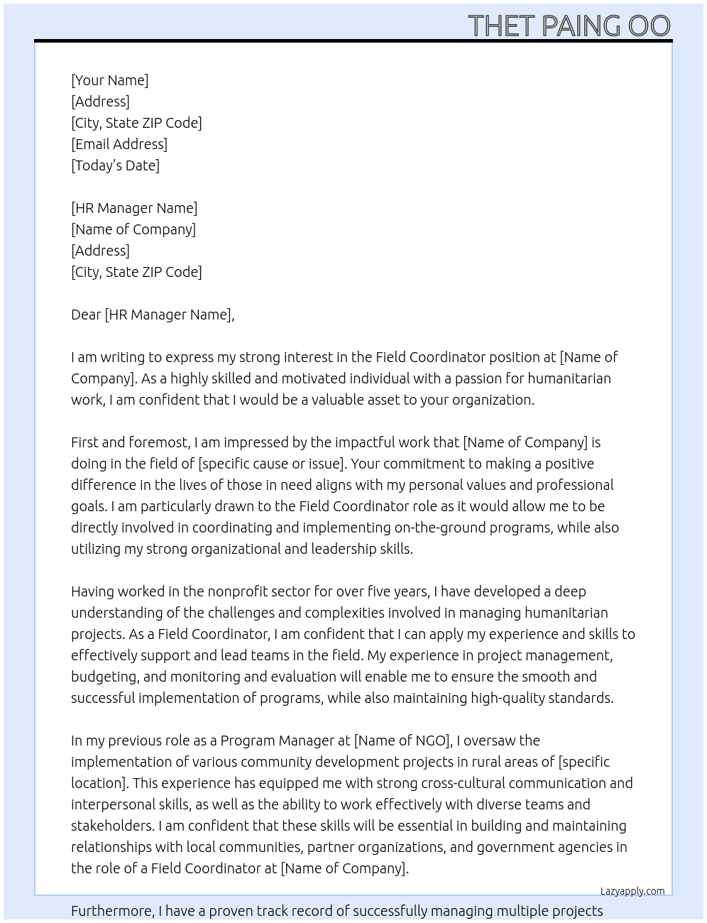 Field Coordinator At NGO Cover Letter