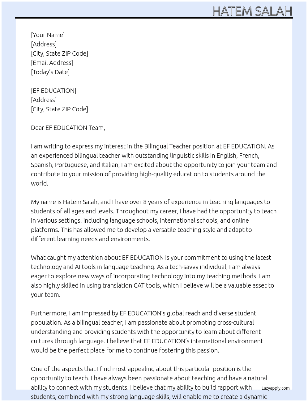 Bilingual teacher  At EF EDUCATION  Cover Letter