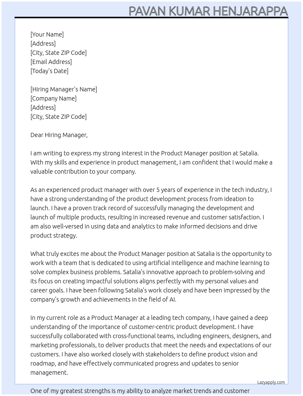 Product Manager At satalia Cover Letter