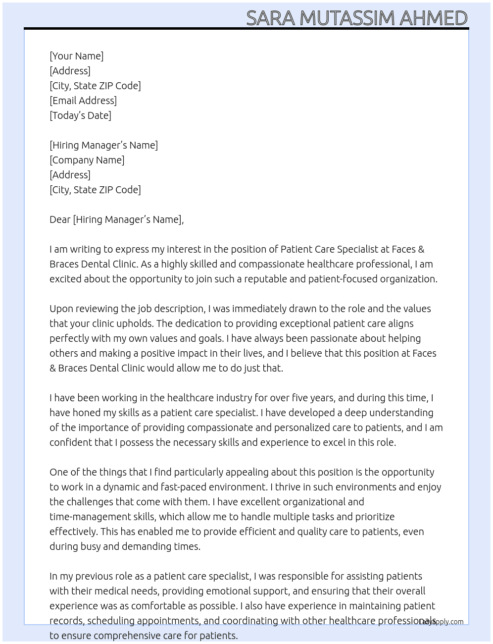 Cover letter for patient care specialist - LazyApply