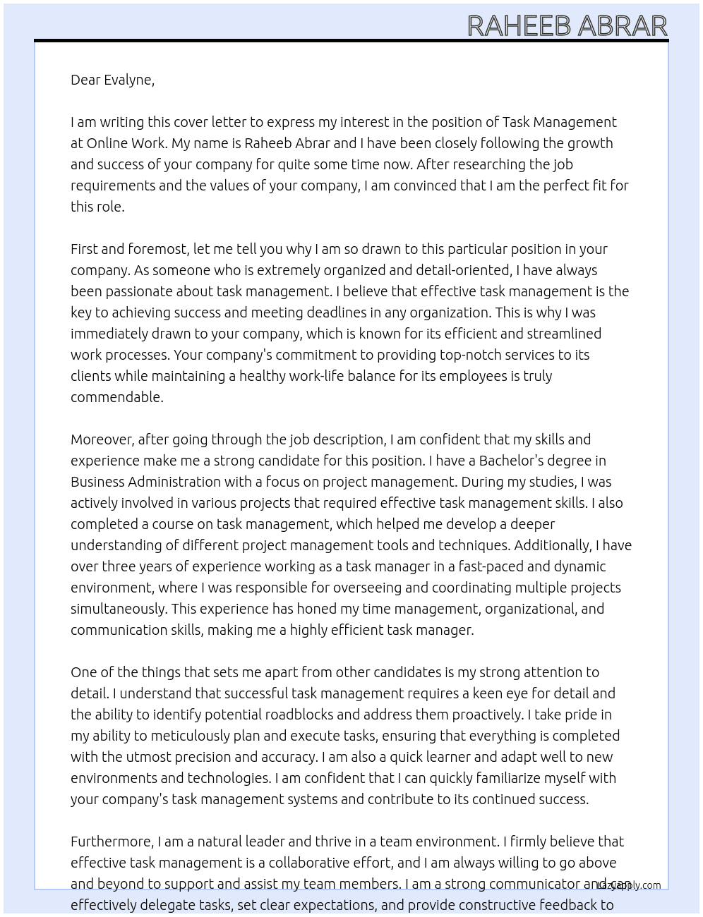 Cover letter for task management - LazyApply