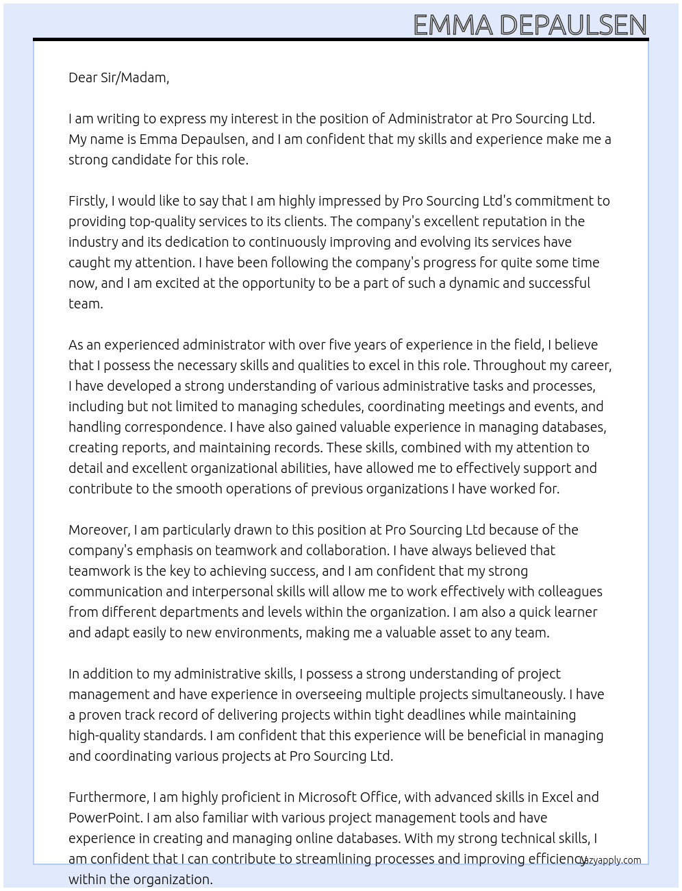 Administrator At Pro Sourcing Ltd Cover Letter