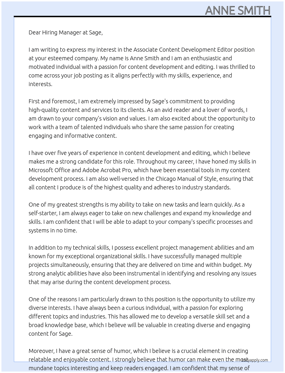 Associate Content Development Editor At Sage Cover Letter
