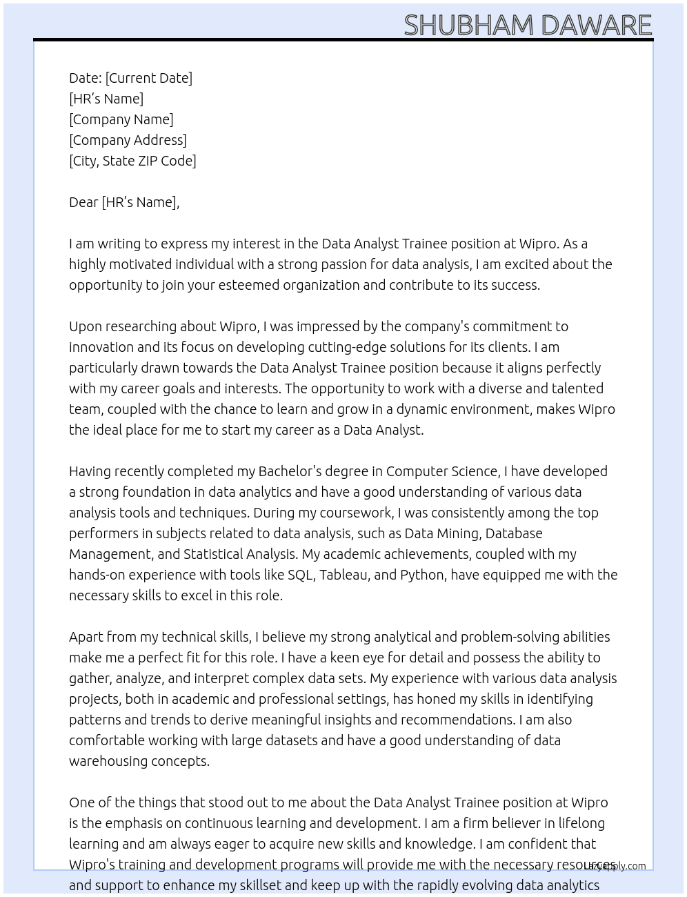 Data Analyst Trainee At Wipro Cover Letter