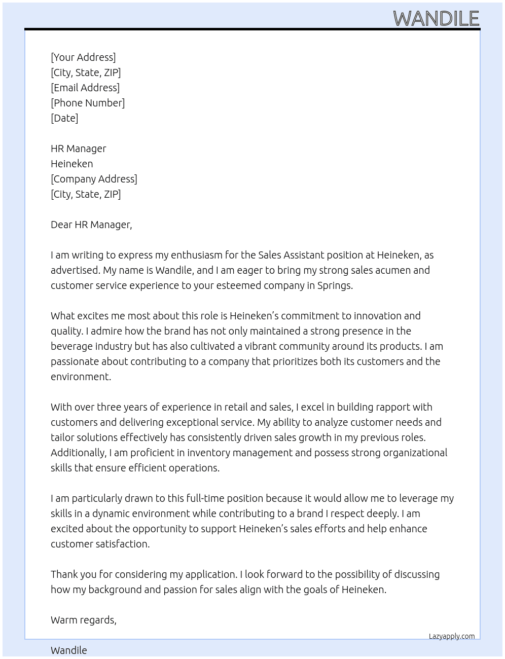 Sales Assistant  At Heineken Cover Letter