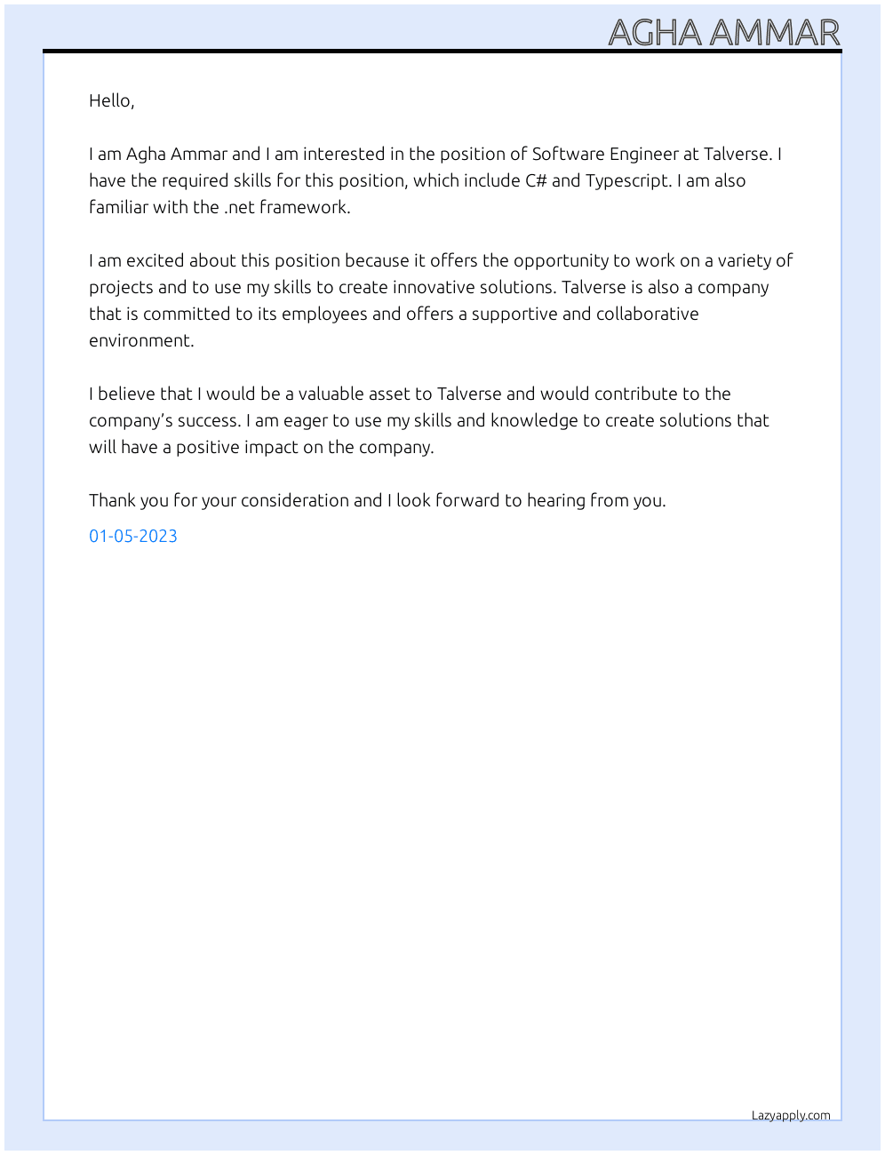 Software Engineer At Talverse Cover Letter