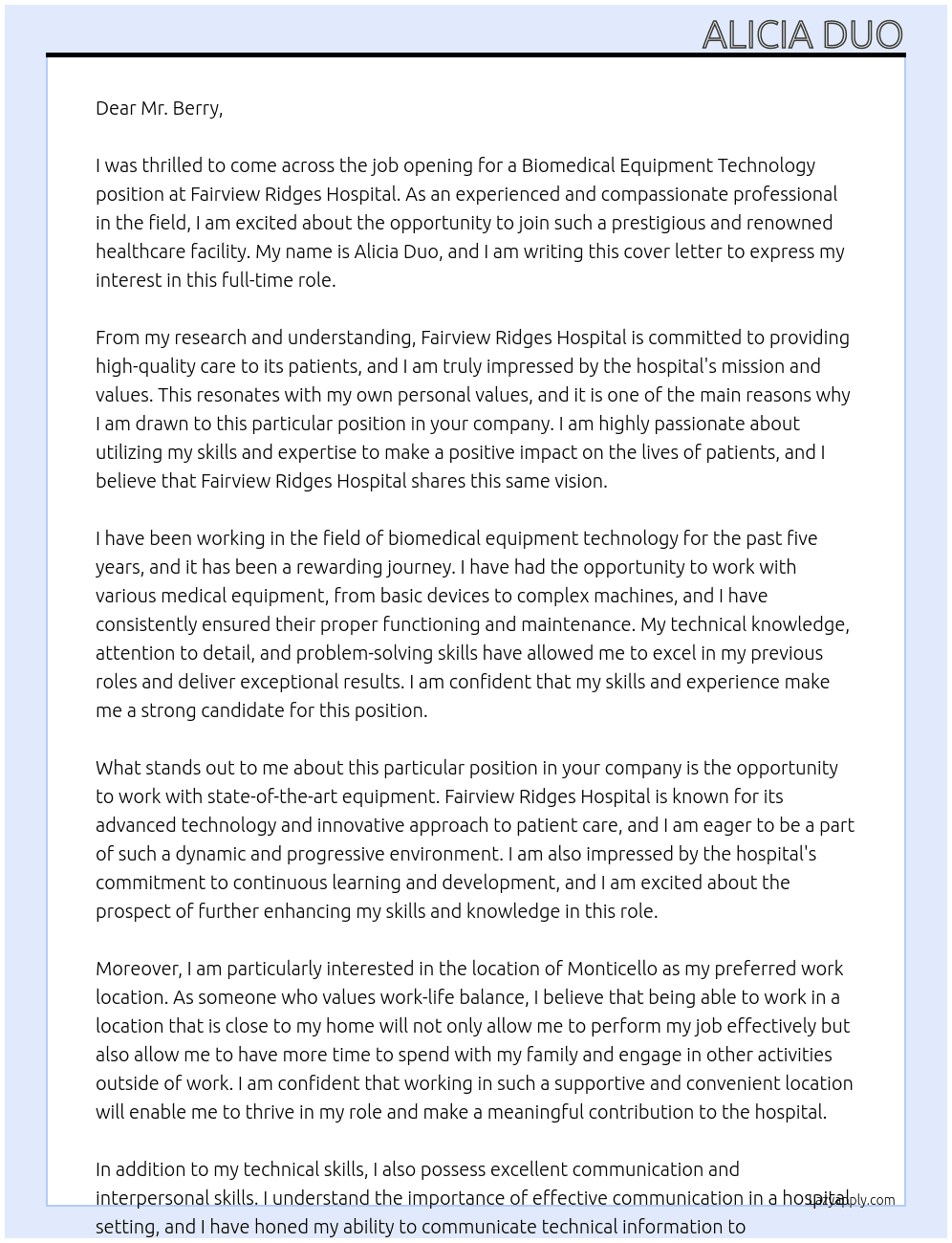 biomedical equipment technology At Fairview Ridges Hospital Cover Letter