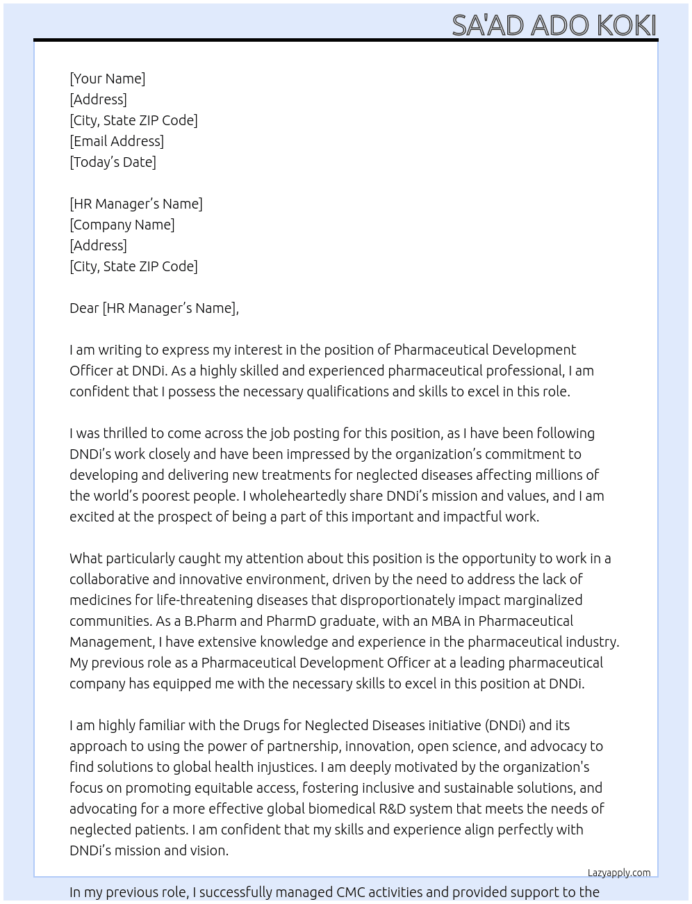 Pharmaceutical Development Officer At DNDi Cover Letter