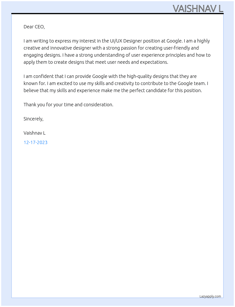 Ui Ux Designer  At Google  Cover Letter