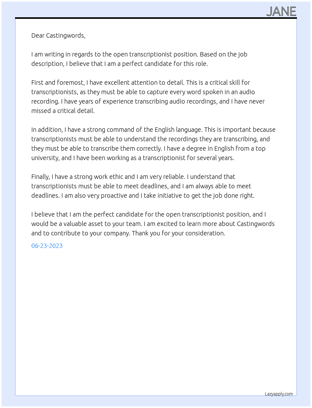 Transcriptionist At Castingwords Cover Letter