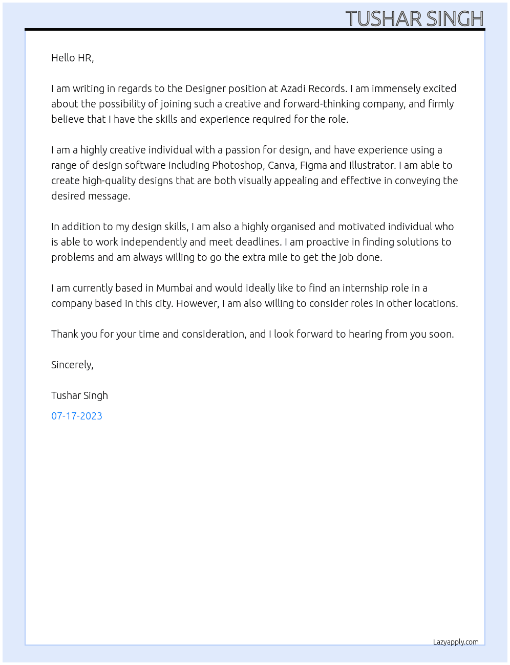 Designer At Azadi records Cover Letter