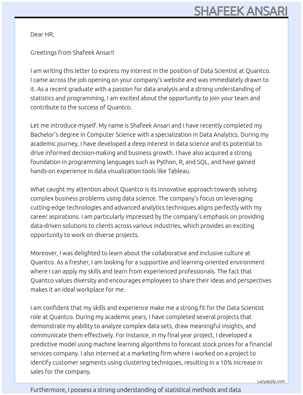data scientist[fresher] At quantco Cover Letter