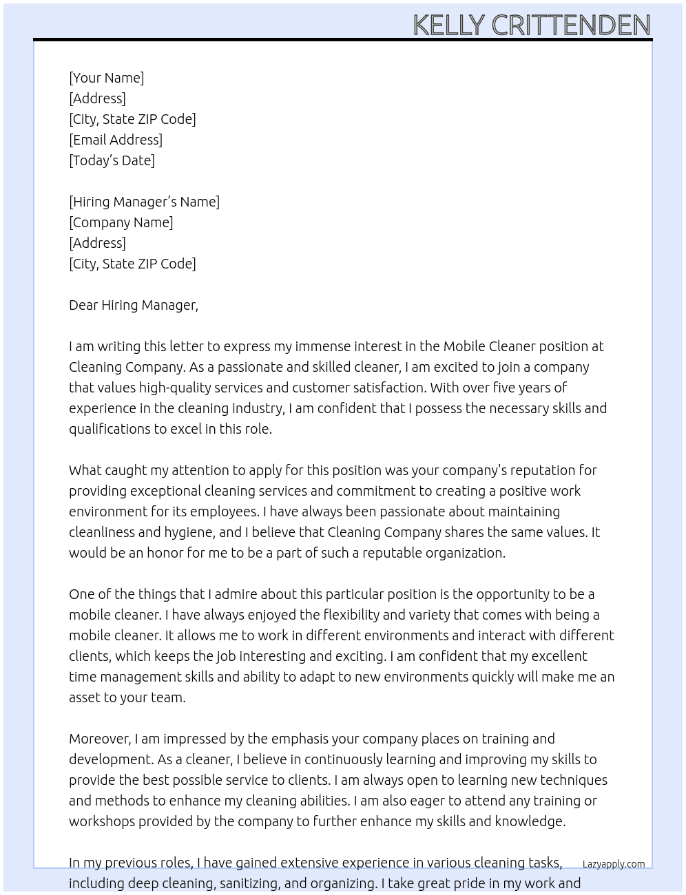Mobile cleaner At Cleaning company Cover Letter