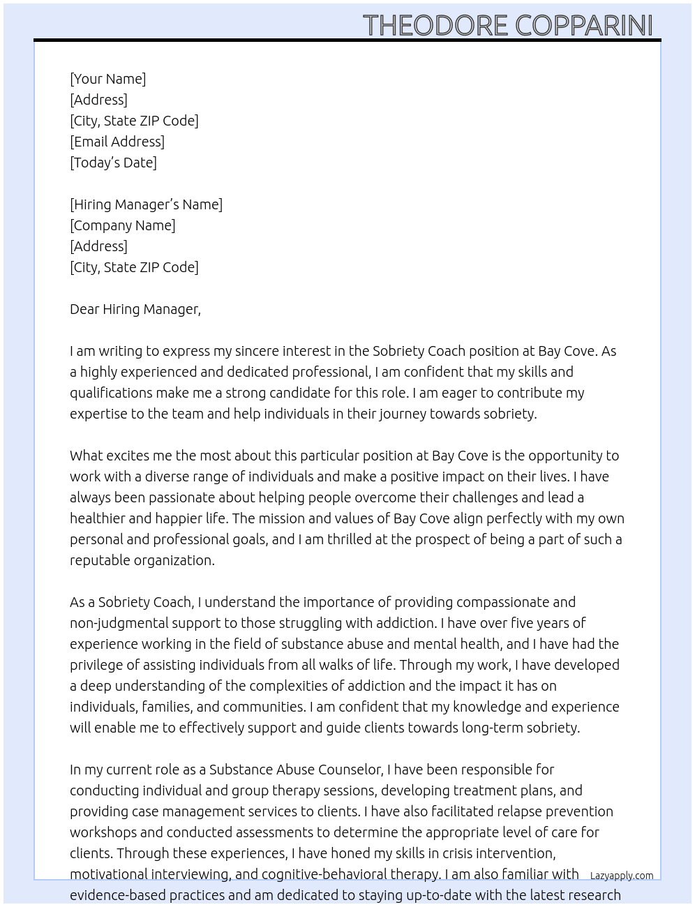 Sobriety coach At Bay Cove Cover Letter
